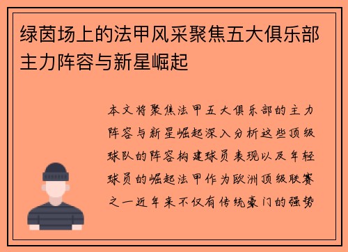 绿茵场上的法甲风采聚焦五大俱乐部主力阵容与新星崛起